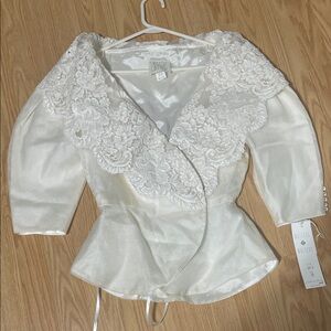 Laura Ashley Cream Lace-Trim Peplum Blouse
